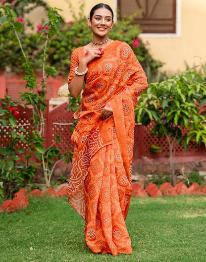 Vat Savitri Special Light Orange Linen Bandhani Printed Saree
