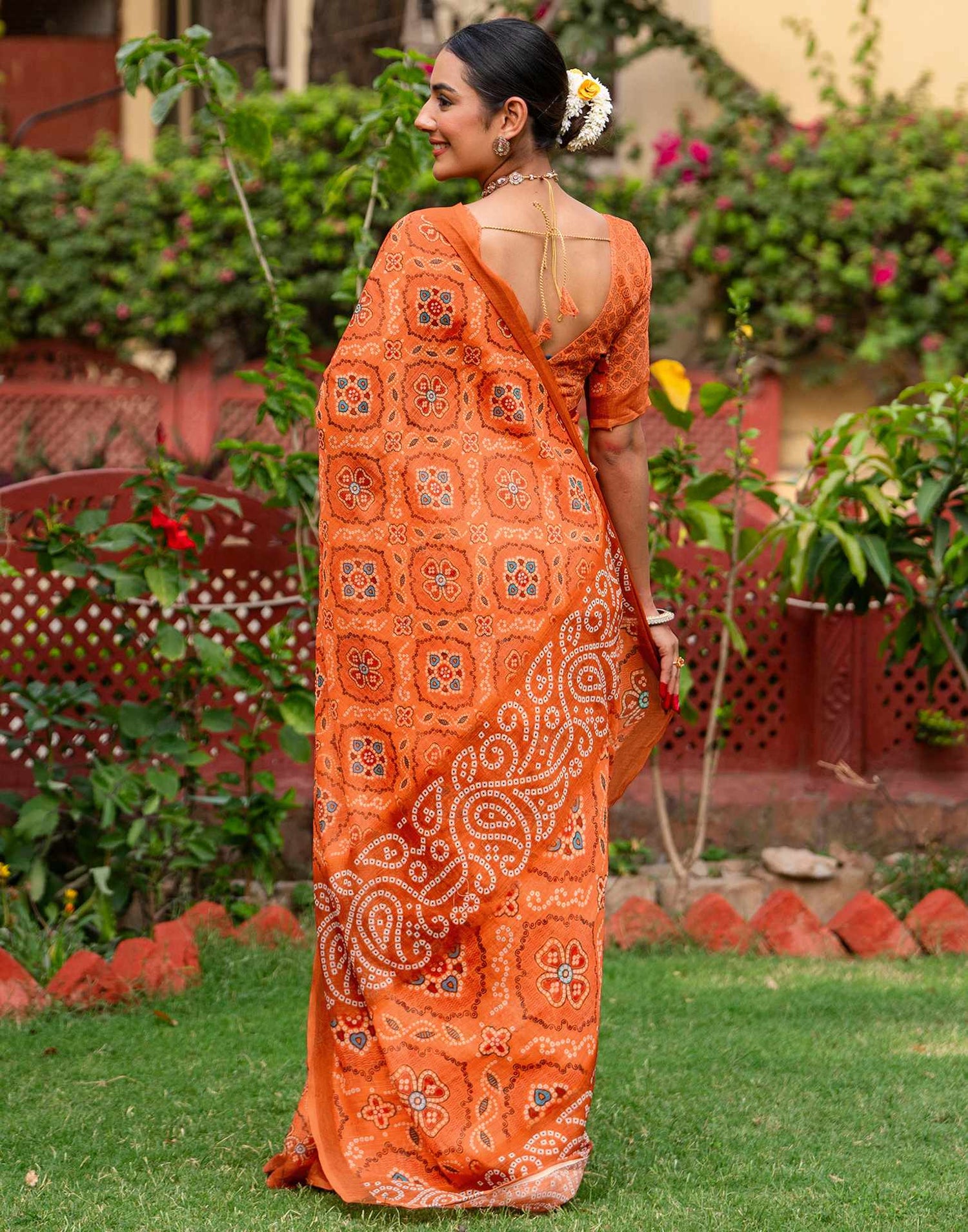 Vat Savitri Special Light Orange Linen Bandhani Printed Saree