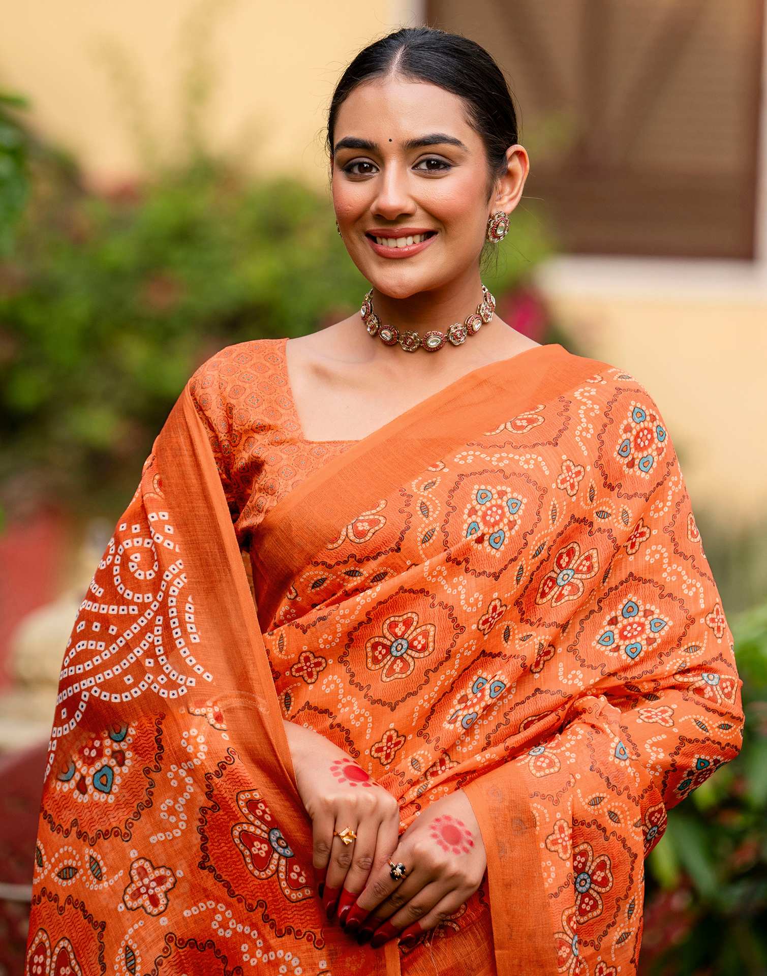 Vat Savitri Special Light Orange Linen Bandhani Printed Saree
