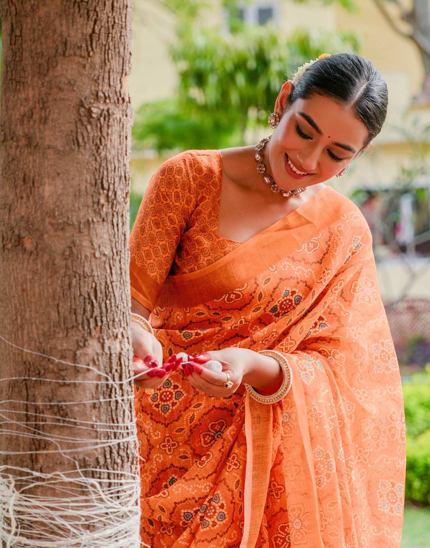 Vat Savitri Special Light Orange Linen Bandhani Printed Saree