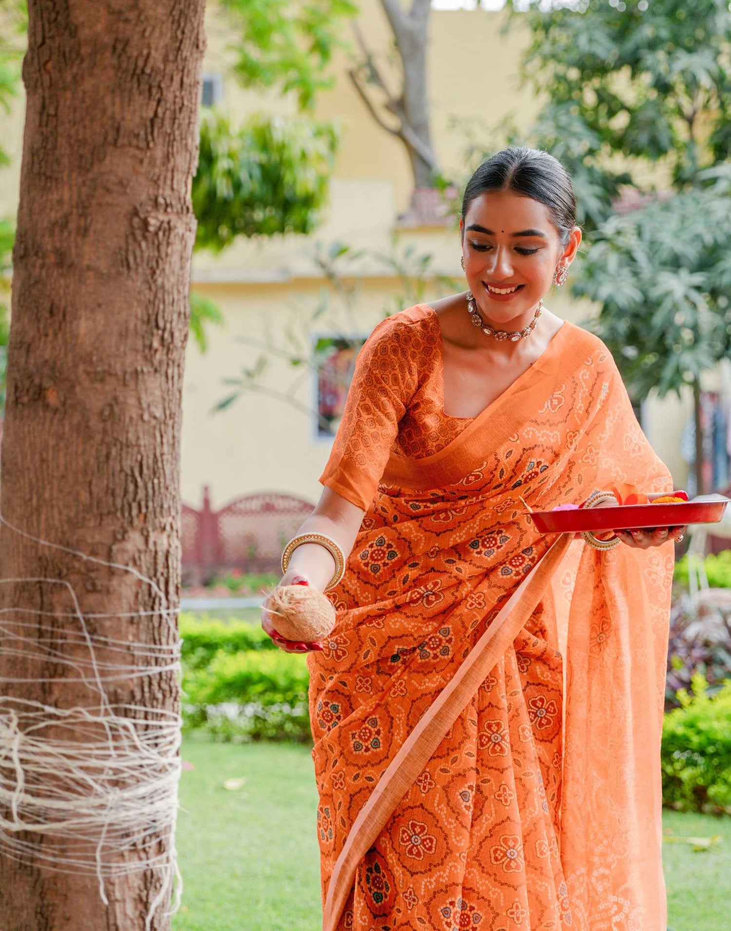 Vat Savitri Special Light Orange Linen Bandhani Printed Saree