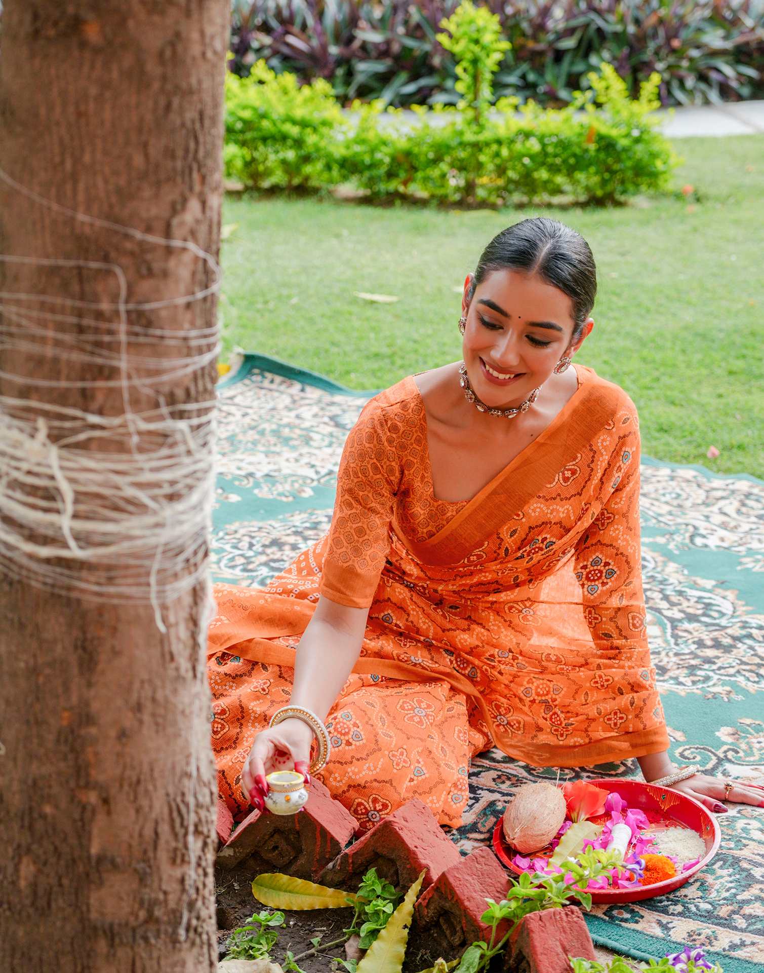 Vat Savitri Special Light Orange Linen Bandhani Printed Saree