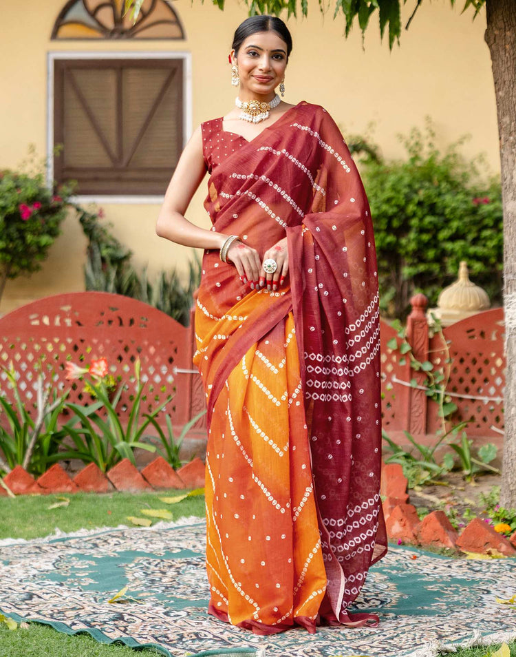 Vat Savitri Special Orange Linen Bandhani Printed Saree