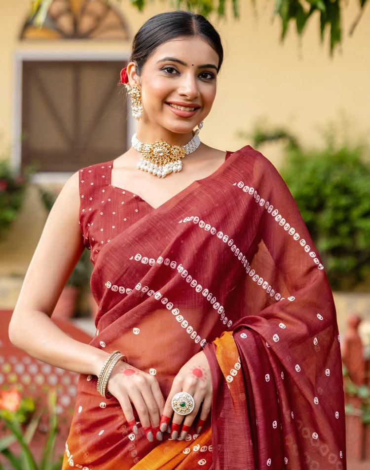 Vat Savitri Special Orange Linen Bandhani Printed Saree