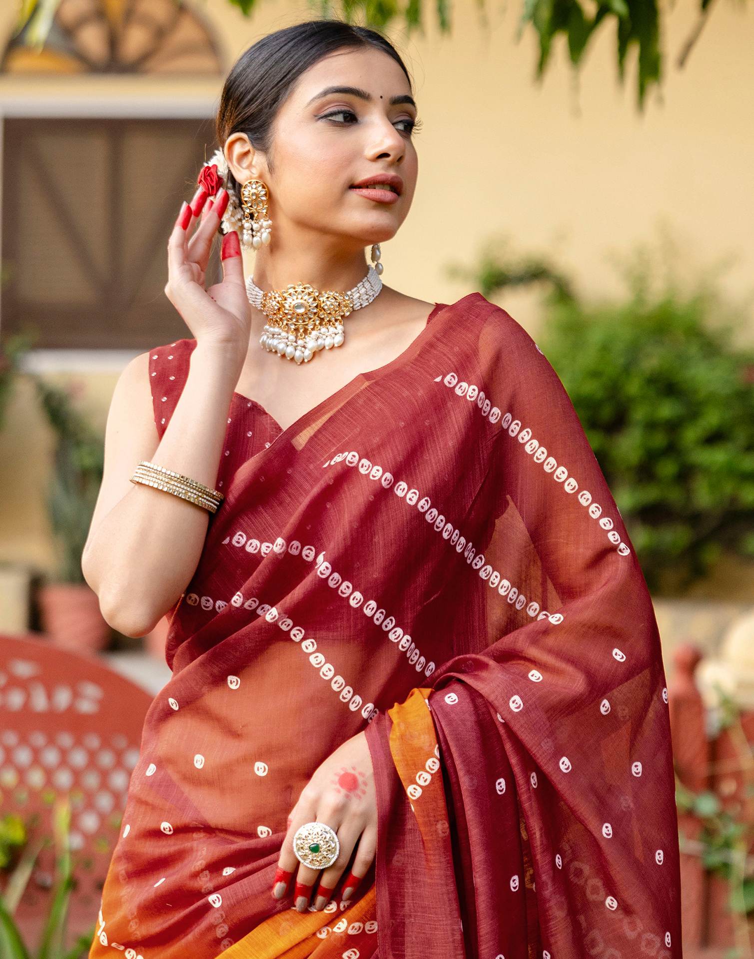 Vat Savitri Special Orange Linen Bandhani Printed Saree