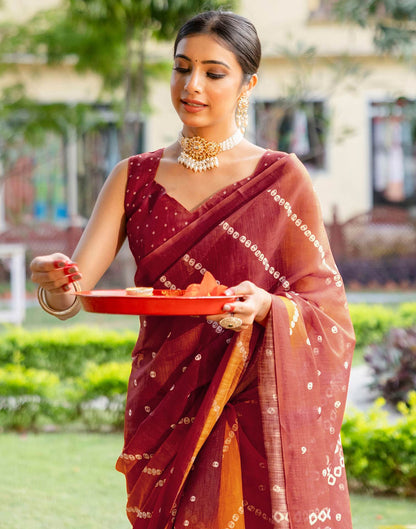 Vat Savitri Special Orange Linen Bandhani Printed Saree
