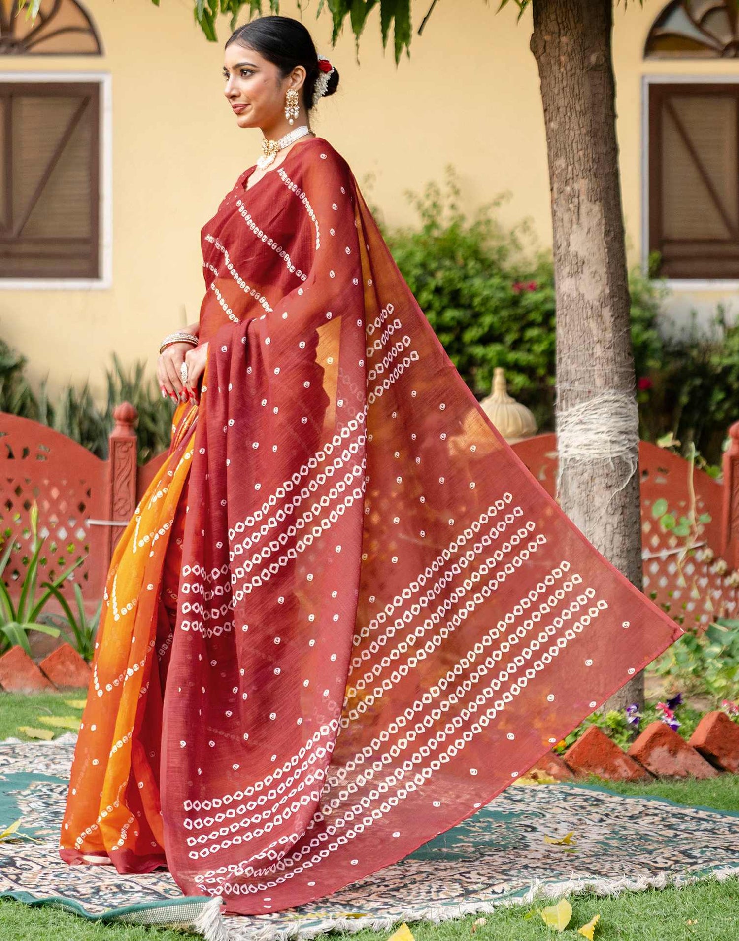Vat Savitri Special Orange Linen Bandhani Printed Saree