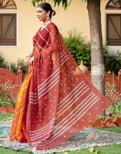Vat Savitri Special Orange Linen Bandhani Printed Saree