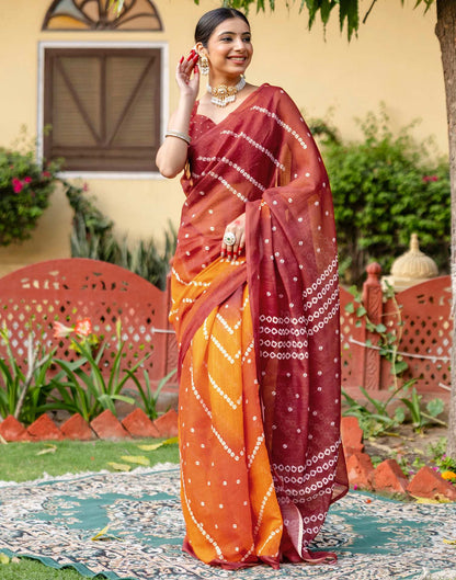 Vat Savitri Special Orange Linen Bandhani Printed Saree
