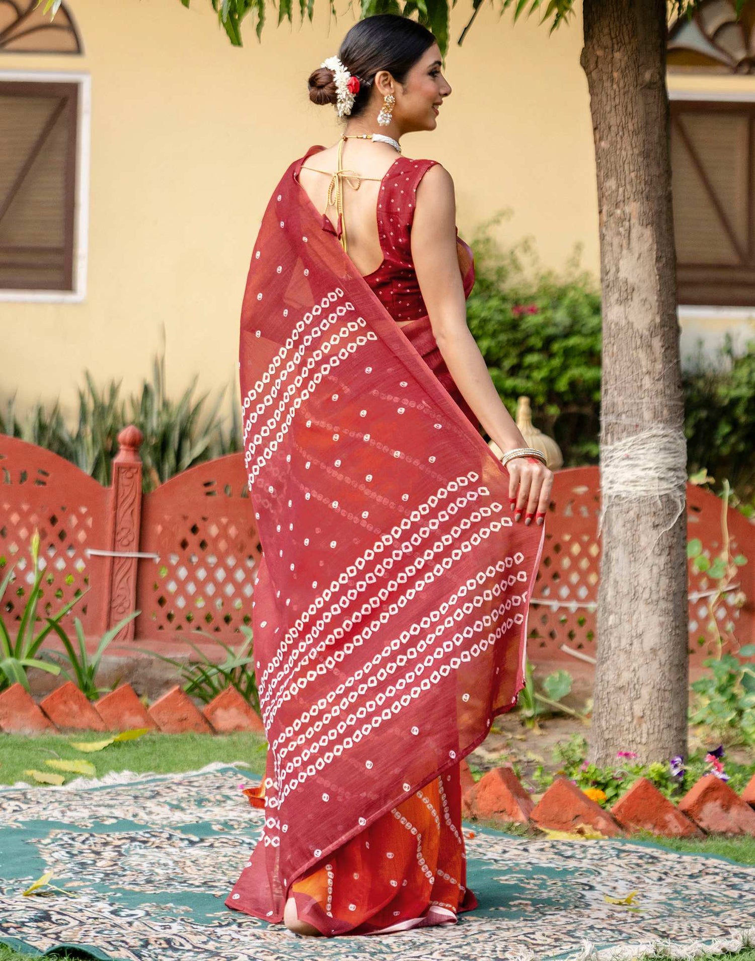 Vat Savitri Special Orange Linen Bandhani Printed Saree