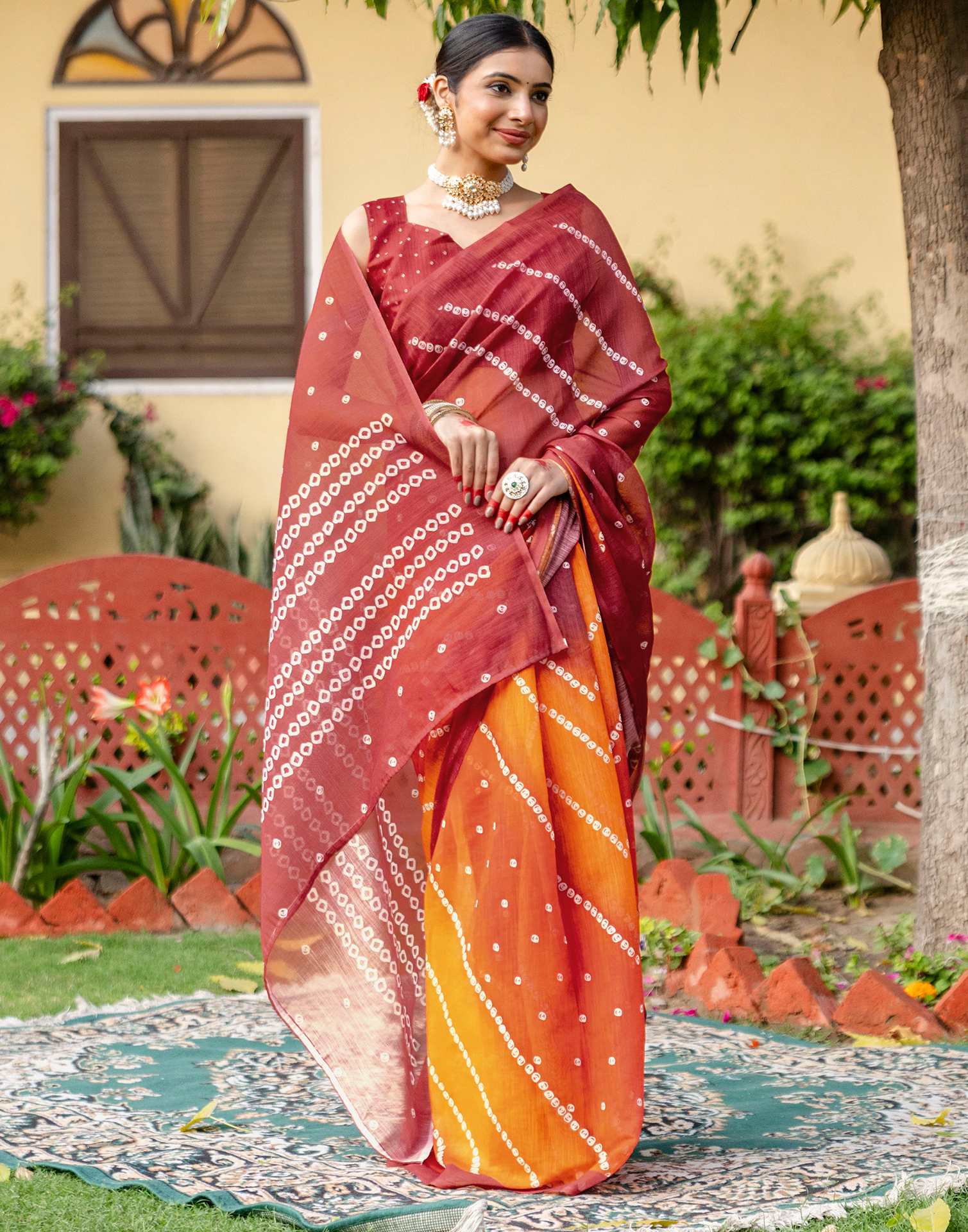 Vat Savitri Special Orange Linen Bandhani Printed Saree