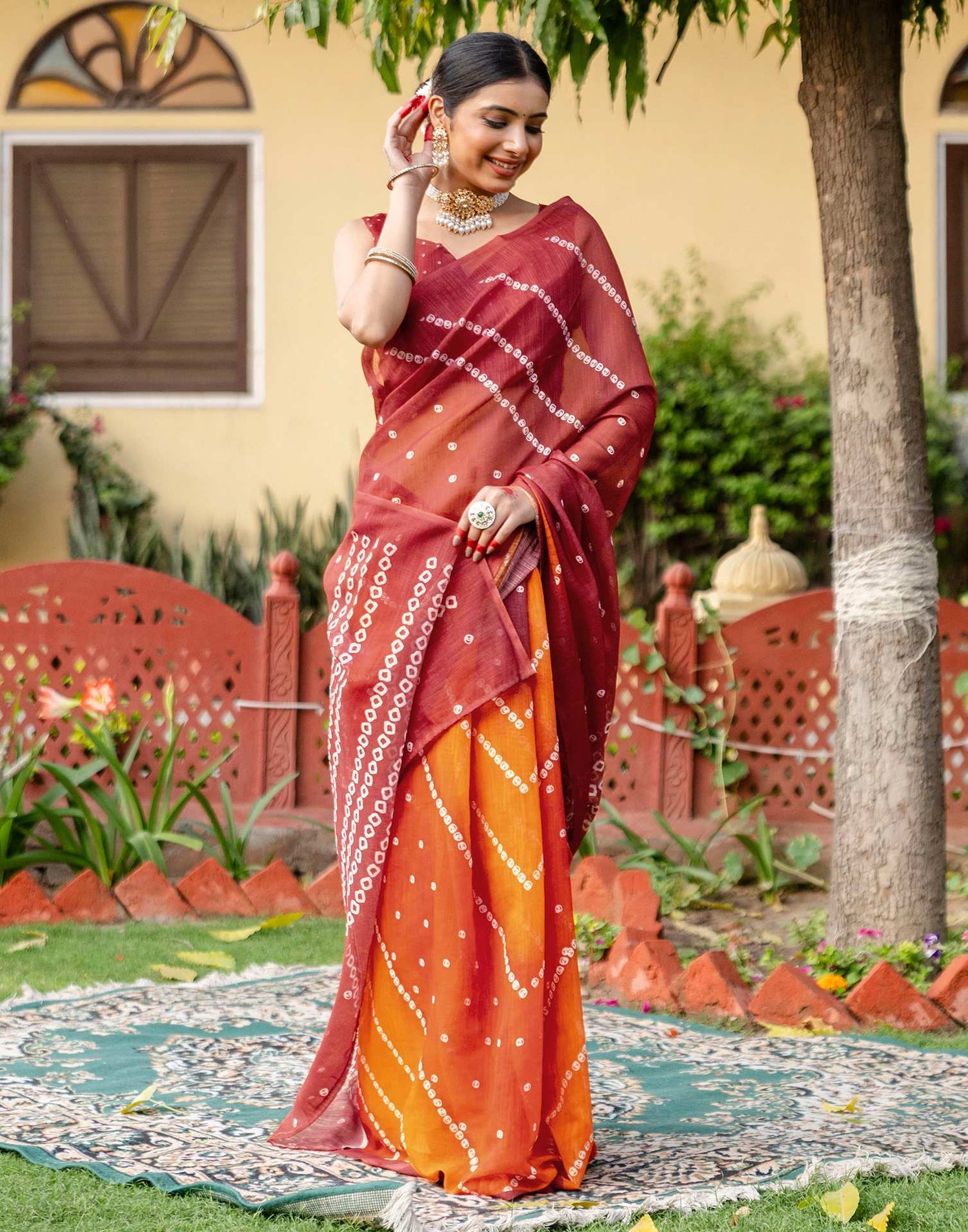 Vat Savitri Special Orange Linen Bandhani Printed Saree