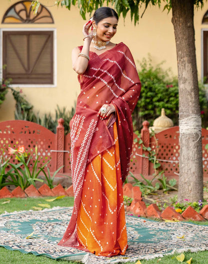 Vat Savitri Special Orange Linen Bandhani Printed Saree