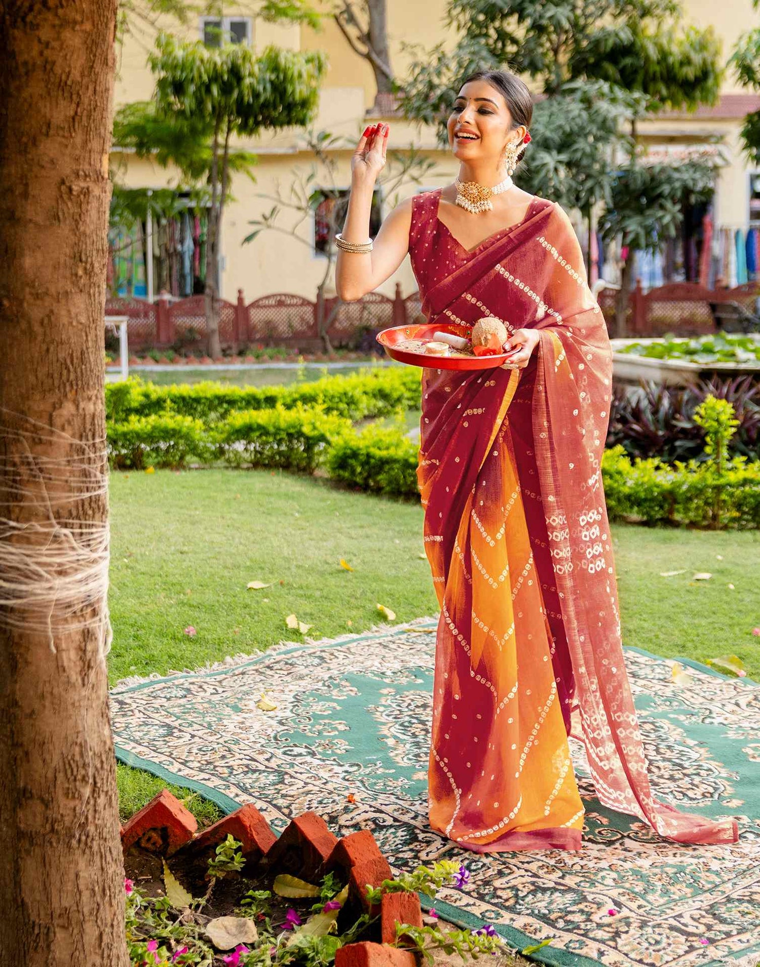 Vat Savitri Special Orange Linen Bandhani Printed Saree