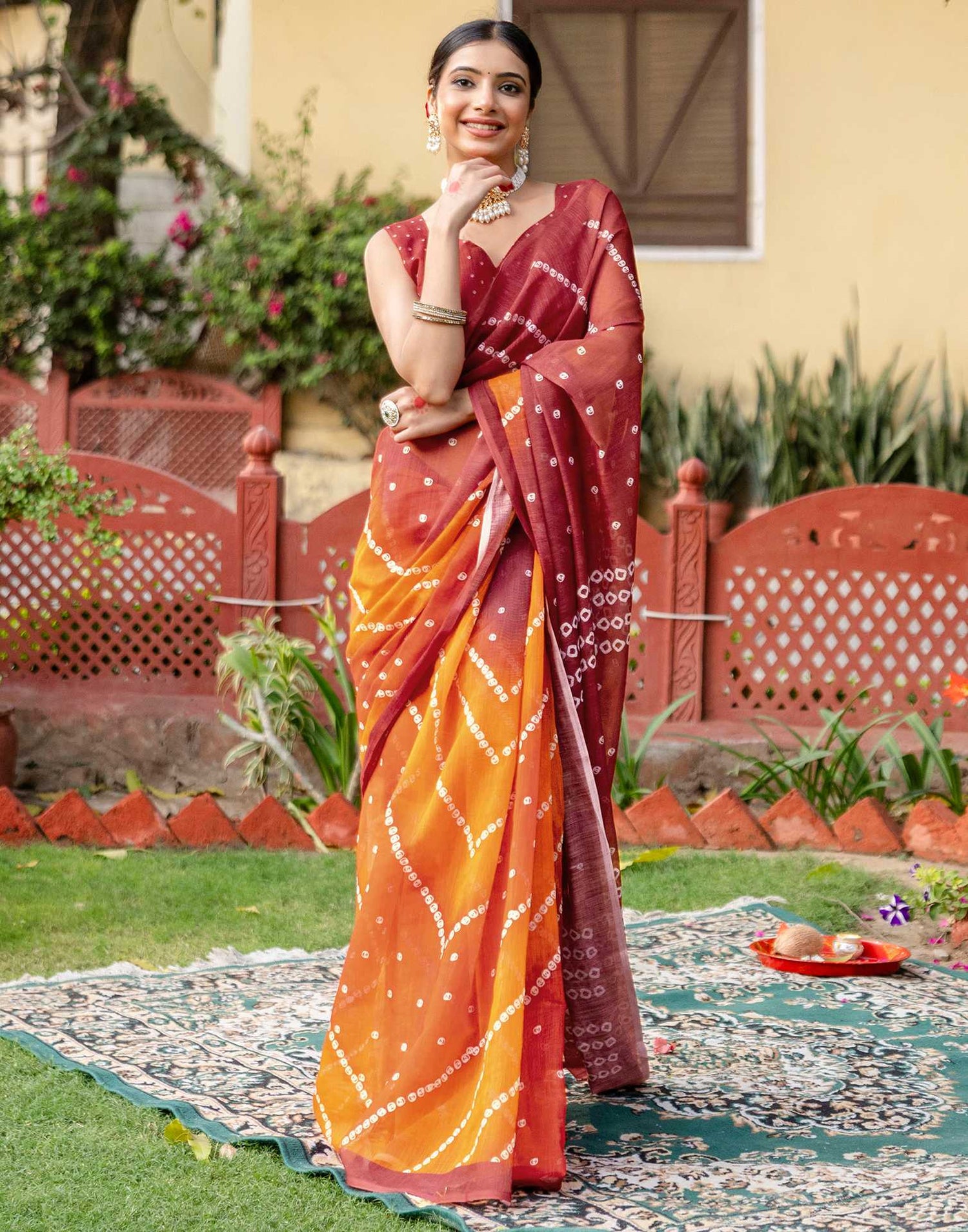 Vat Savitri Special Orange Linen Bandhani Printed Saree