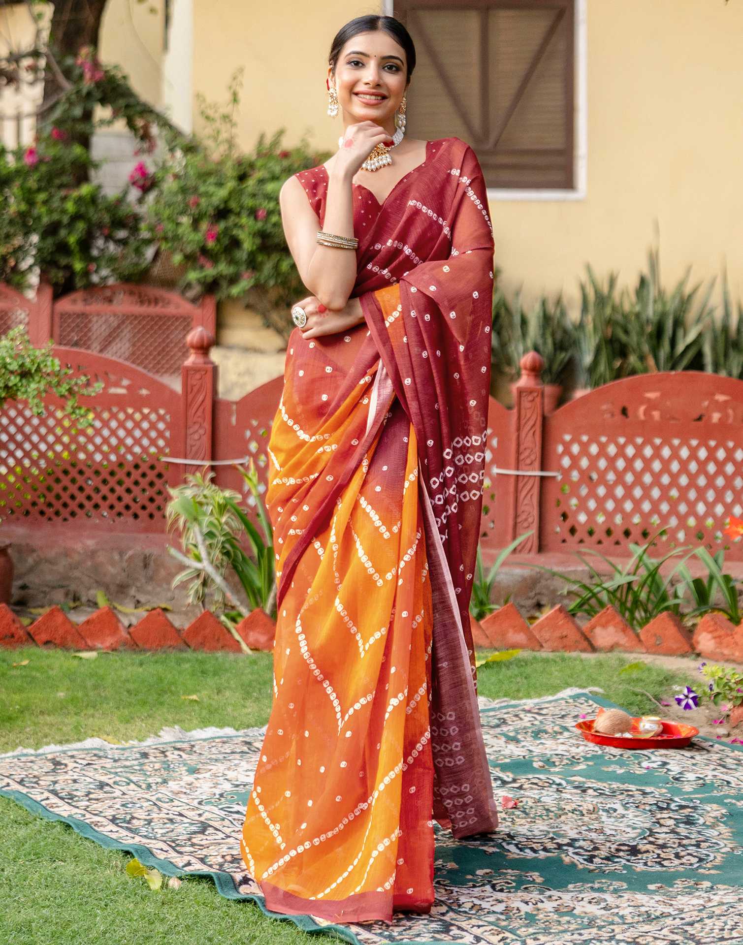 Vat Savitri Special Orange Linen Bandhani Printed Saree