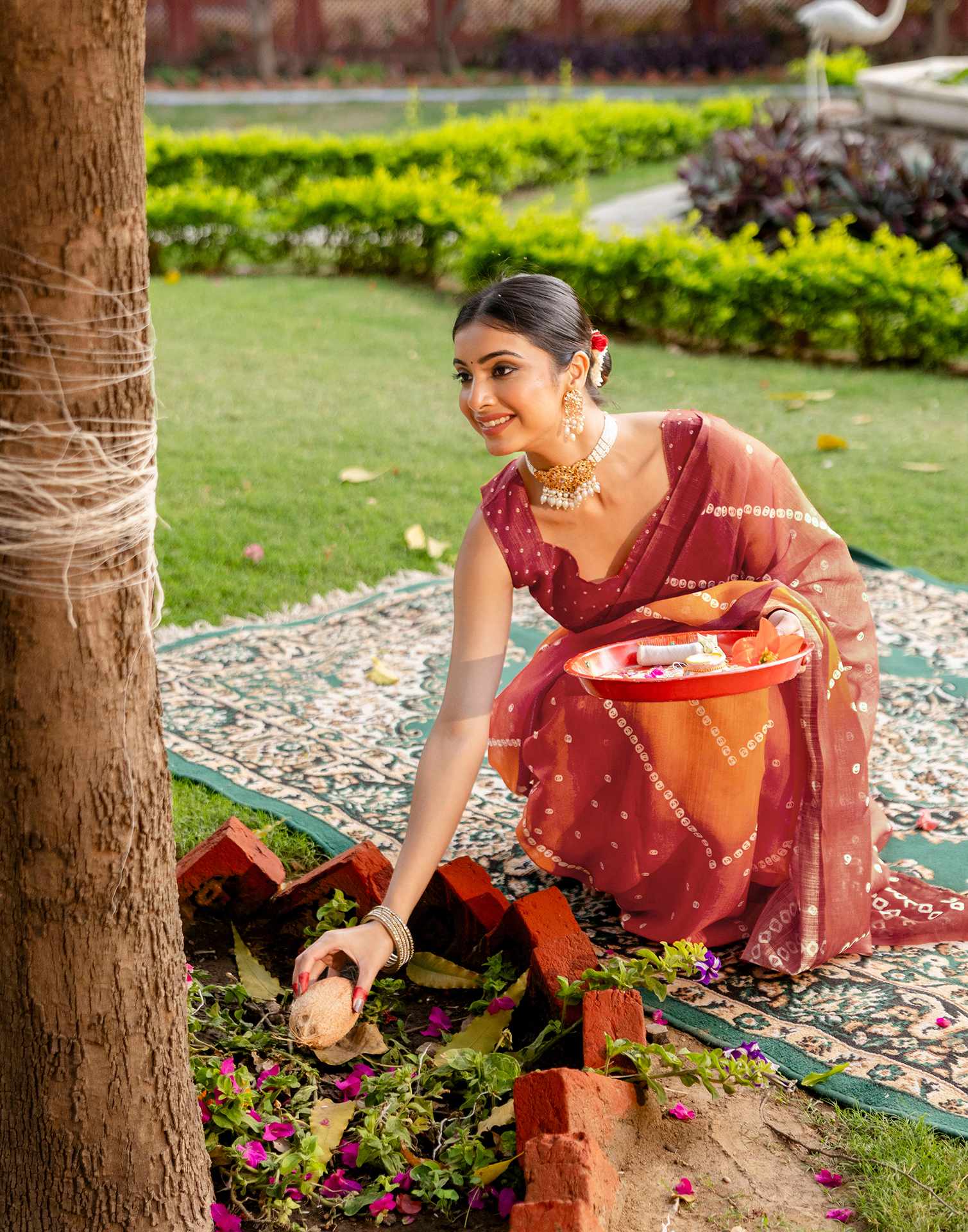 Vat Savitri Special Orange Linen Bandhani Printed Saree