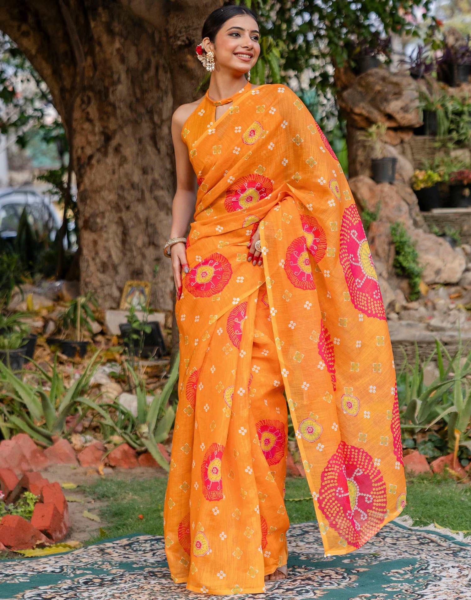 Vat Savitri Special Orange Linen Bandhani Printed Saree