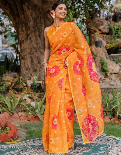 Vat Savitri Special Orange Linen Bandhani Printed Saree