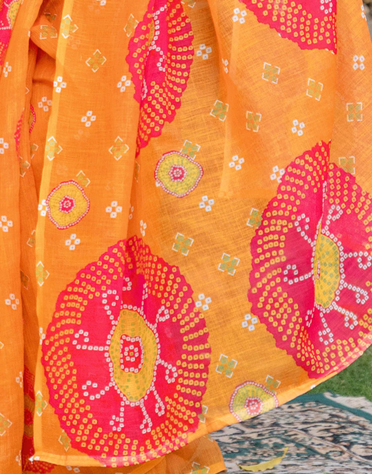 Vat Savitri Special Orange Linen Bandhani Printed Saree