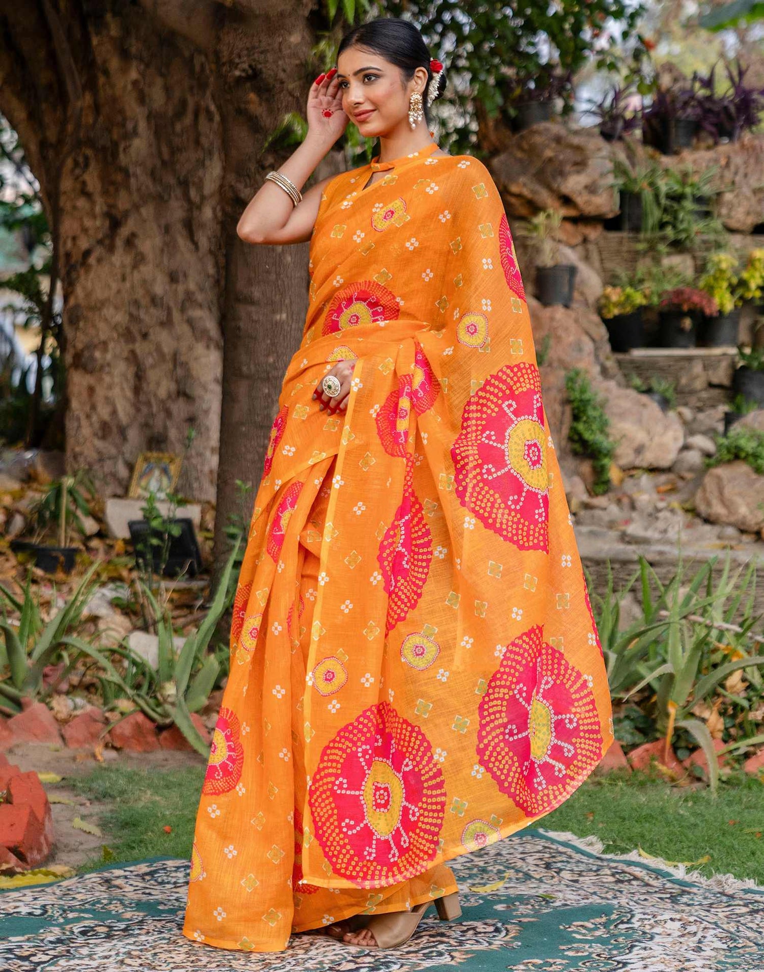 Vat Savitri Special Orange Linen Bandhani Printed Saree