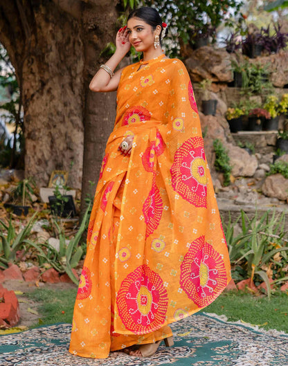Vat Savitri Special Orange Linen Bandhani Printed Saree