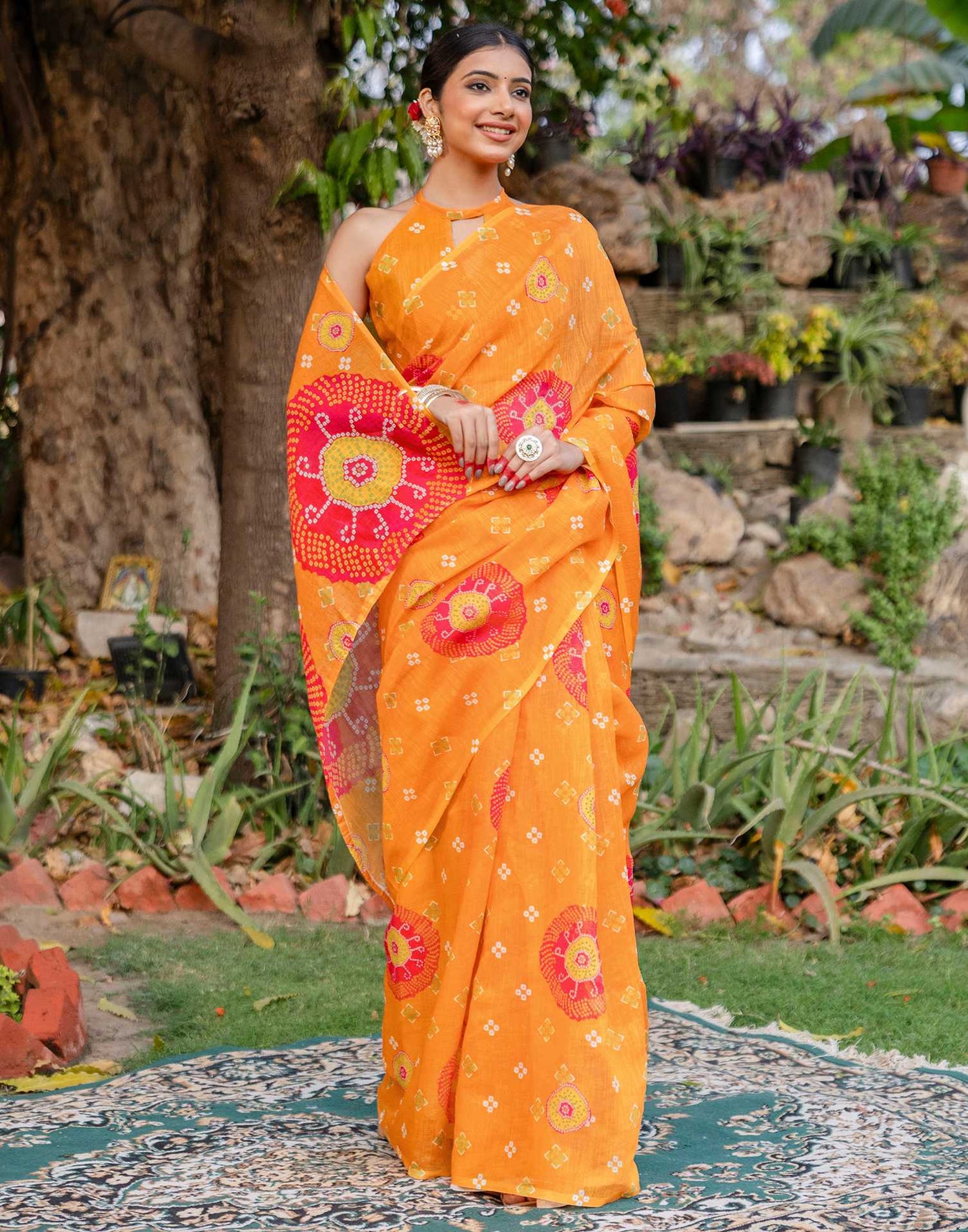 Vat Savitri Special Orange Linen Bandhani Printed Saree
