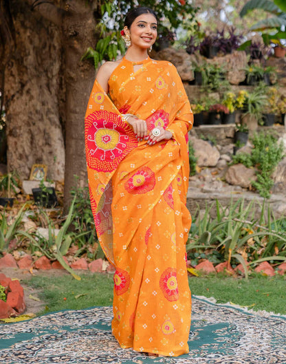 Vat Savitri Special Orange Linen Bandhani Printed Saree