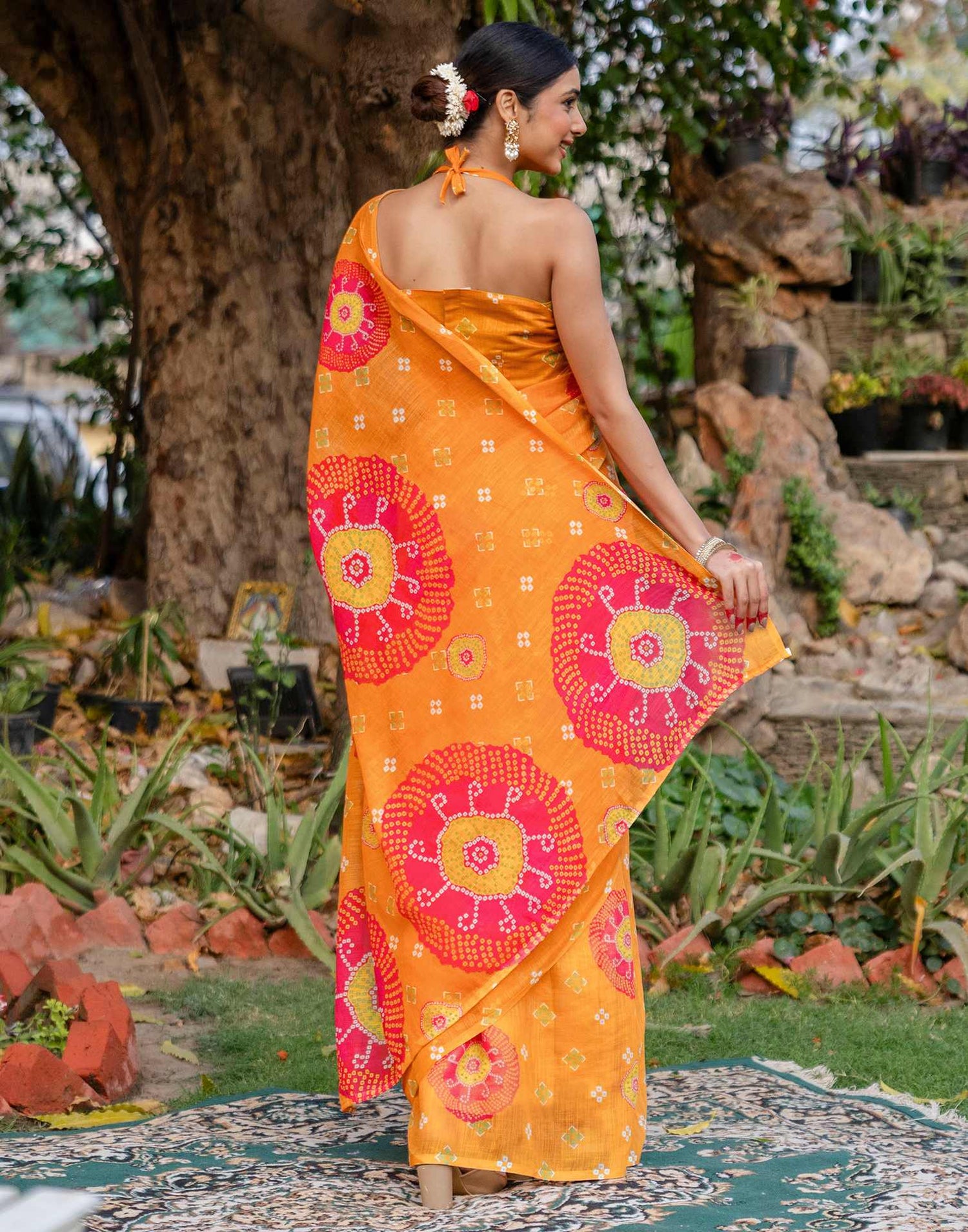 Vat Savitri Special Orange Linen Bandhani Printed Saree