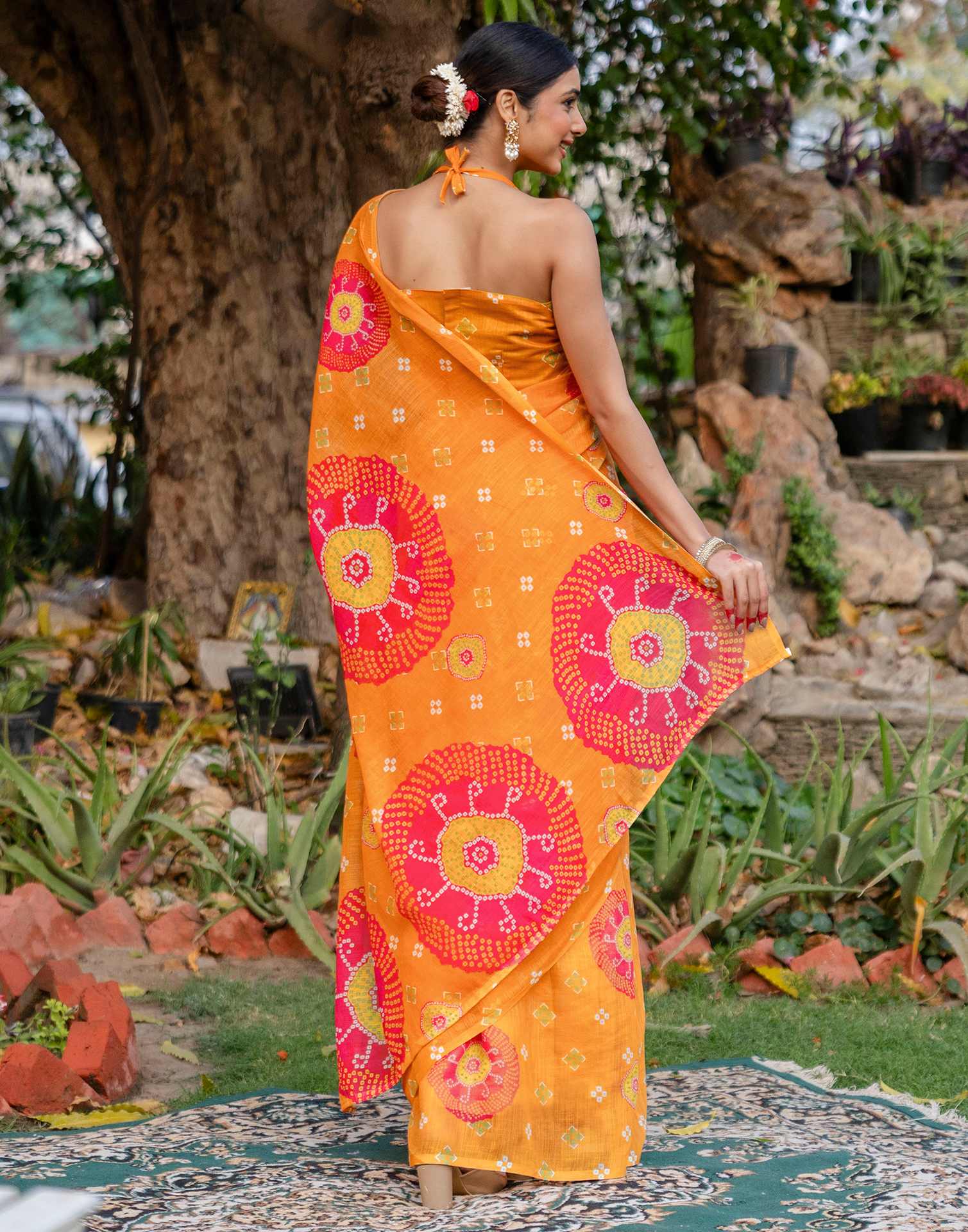 Vat Savitri Special Orange Linen Bandhani Printed Saree
