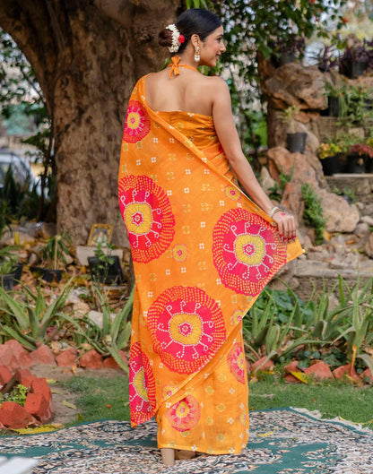 Vat Savitri Special Orange Linen Bandhani Printed Saree