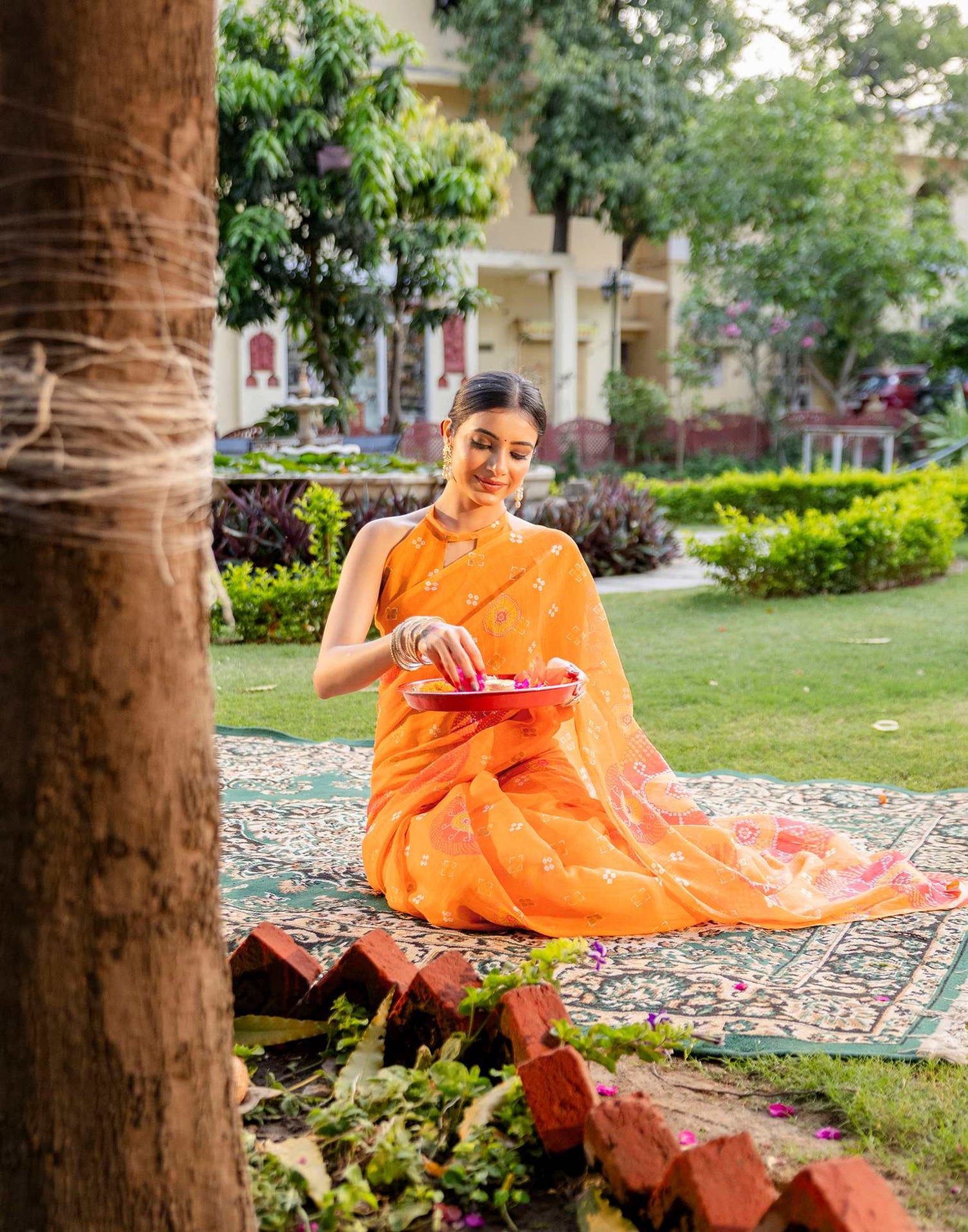 Vat Savitri Special Orange Linen Bandhani Printed Saree