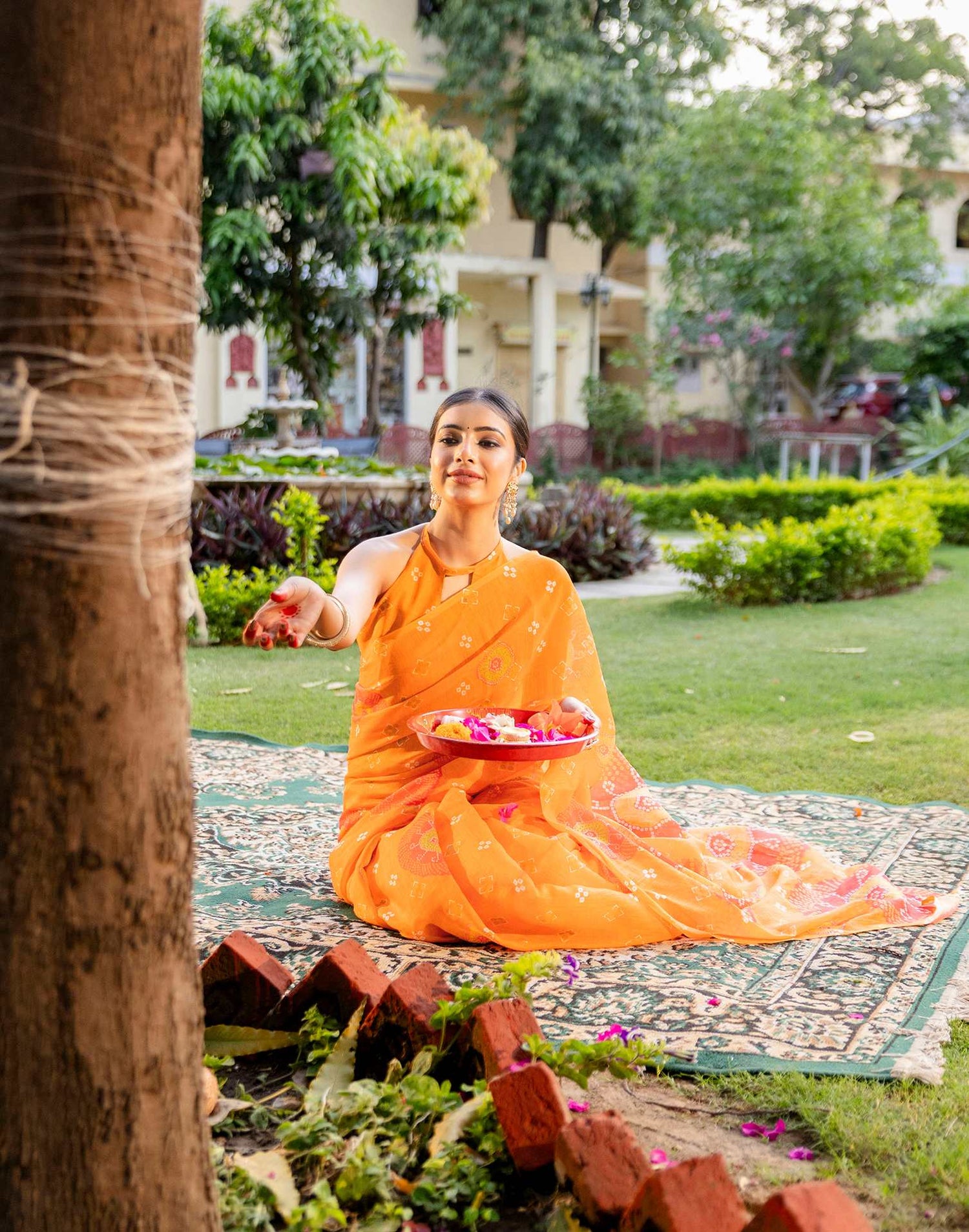 Vat Savitri Special Orange Linen Bandhani Printed Saree