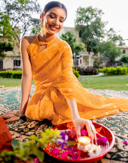 Vat Savitri Special Orange Linen Bandhani Printed Saree