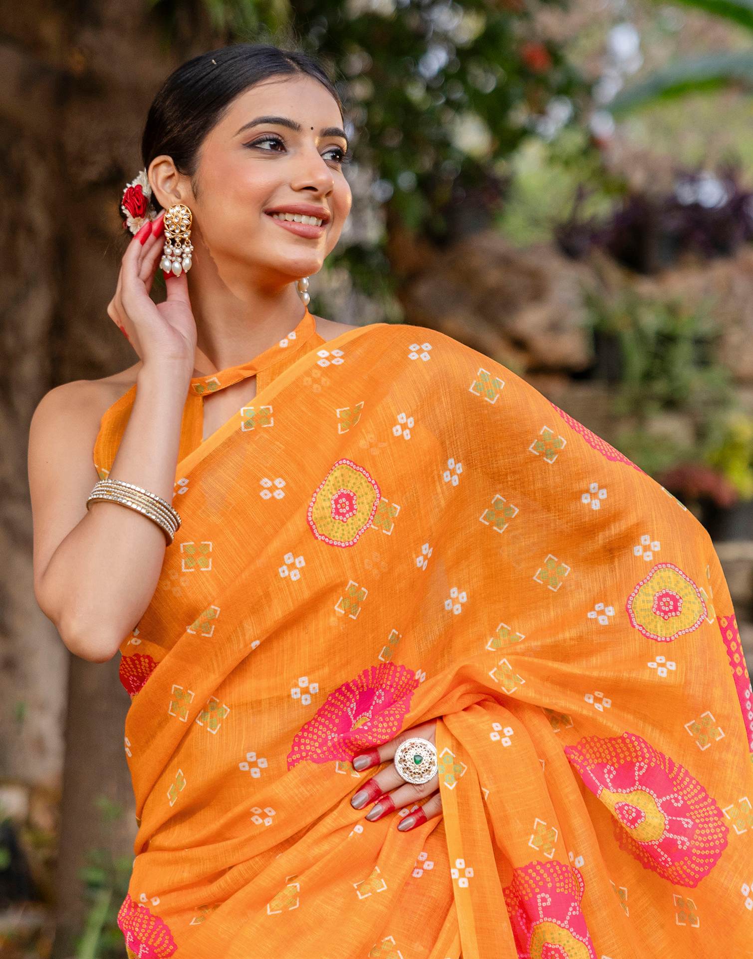 Vat Savitri Special Orange Linen Bandhani Printed Saree