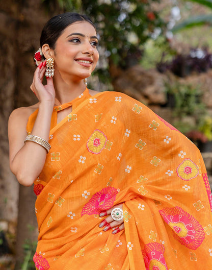 Vat Savitri Special Orange Linen Bandhani Printed Saree