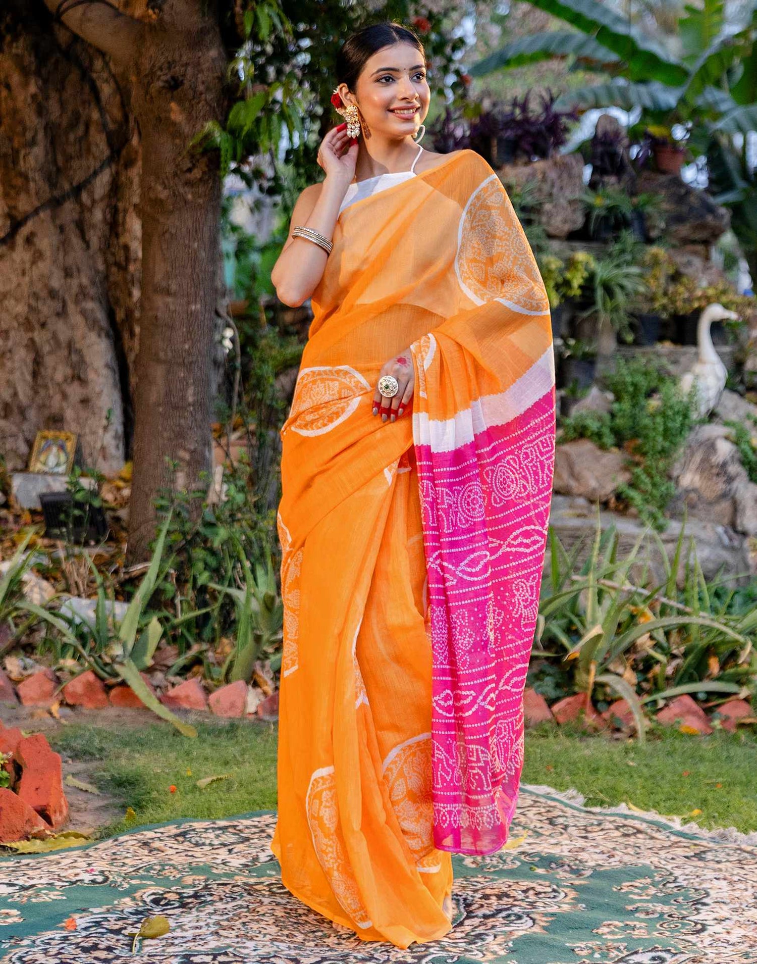 Vat Savitri Special Light Orange Linen Bandhani Printed Saree