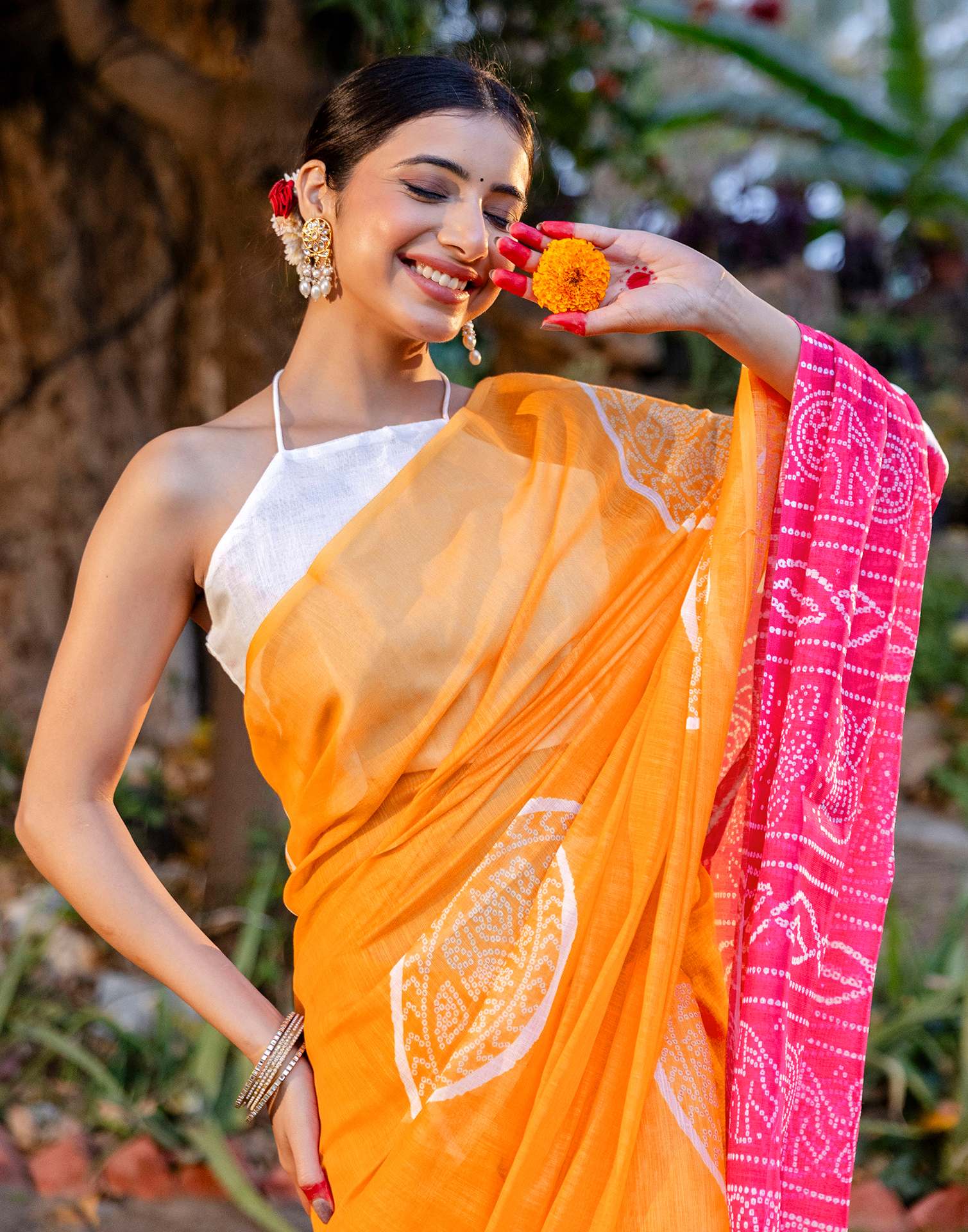 Vat Savitri Special Light Orange Linen Bandhani Printed Saree