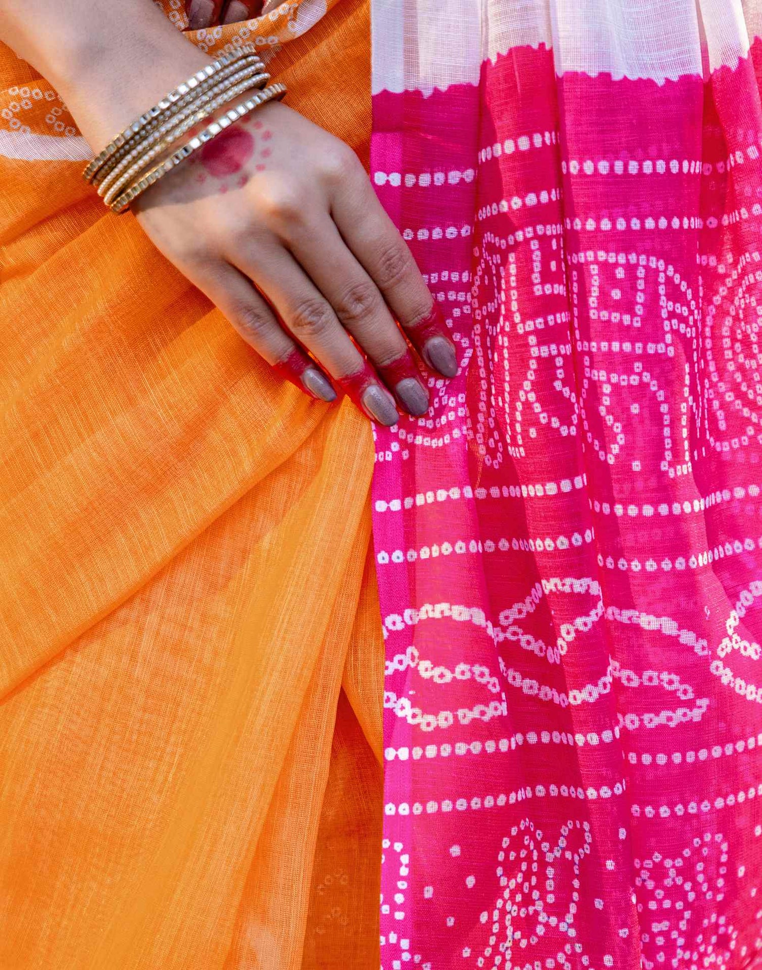 Vat Savitri Special Light Orange Linen Bandhani Printed Saree