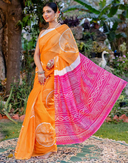 Vat Savitri Special Light Orange Linen Bandhani Printed Saree