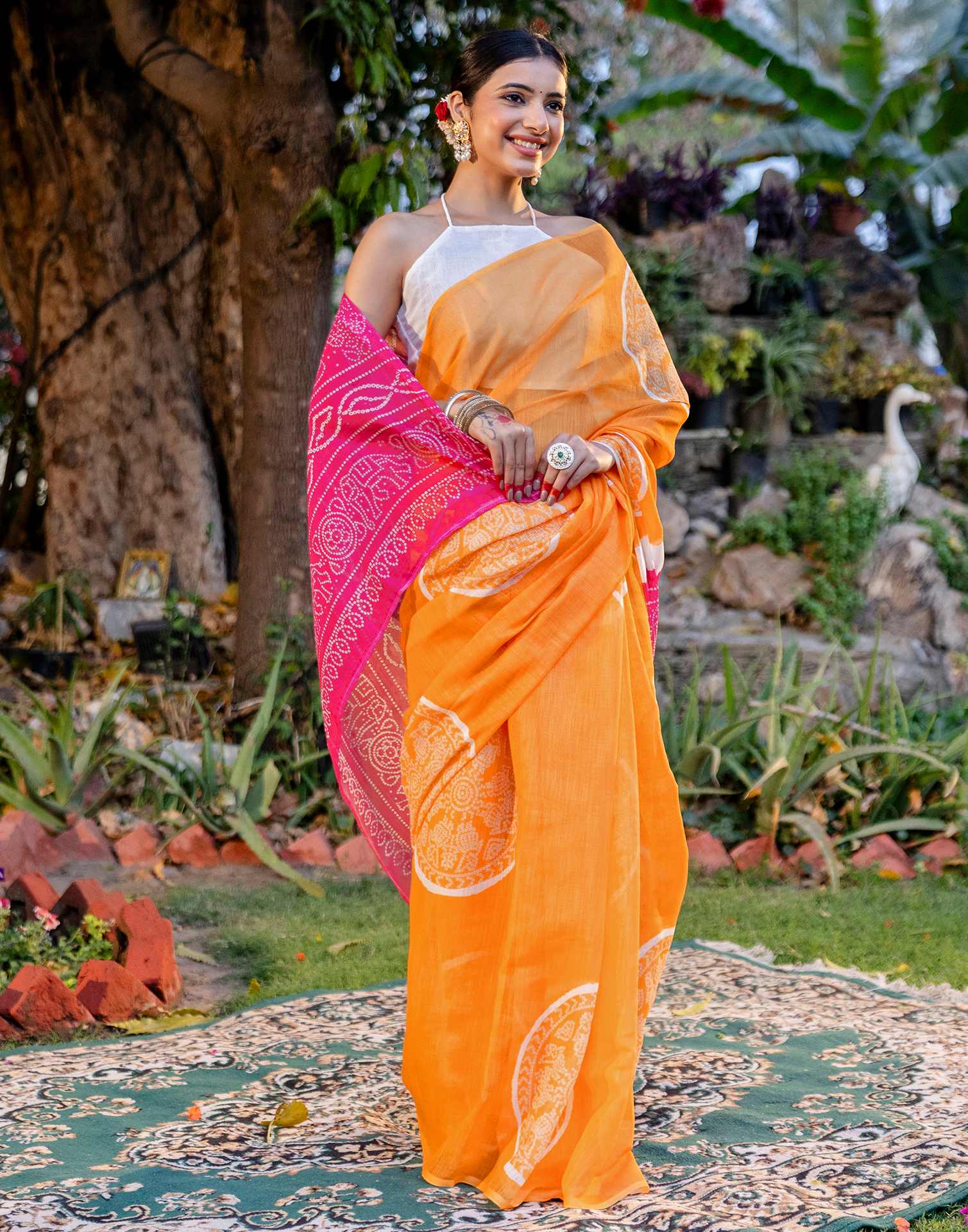 Vat Savitri Special Light Orange Linen Bandhani Printed Saree
