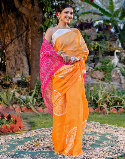 Vat Savitri Special Light Orange Linen Bandhani Printed Saree