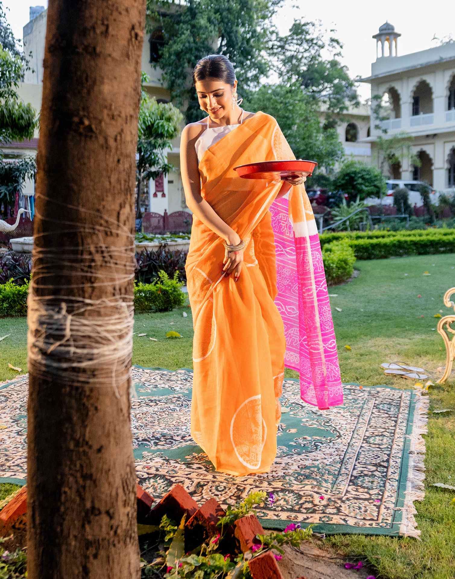Vat Savitri Special Light Orange Linen Bandhani Printed Saree