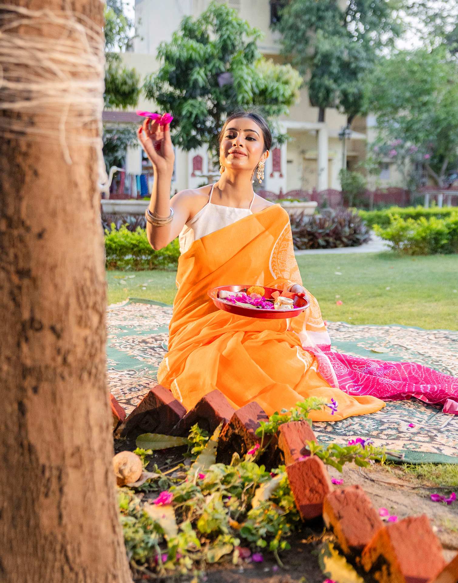 Vat Savitri Special Light Orange Linen Bandhani Printed Saree