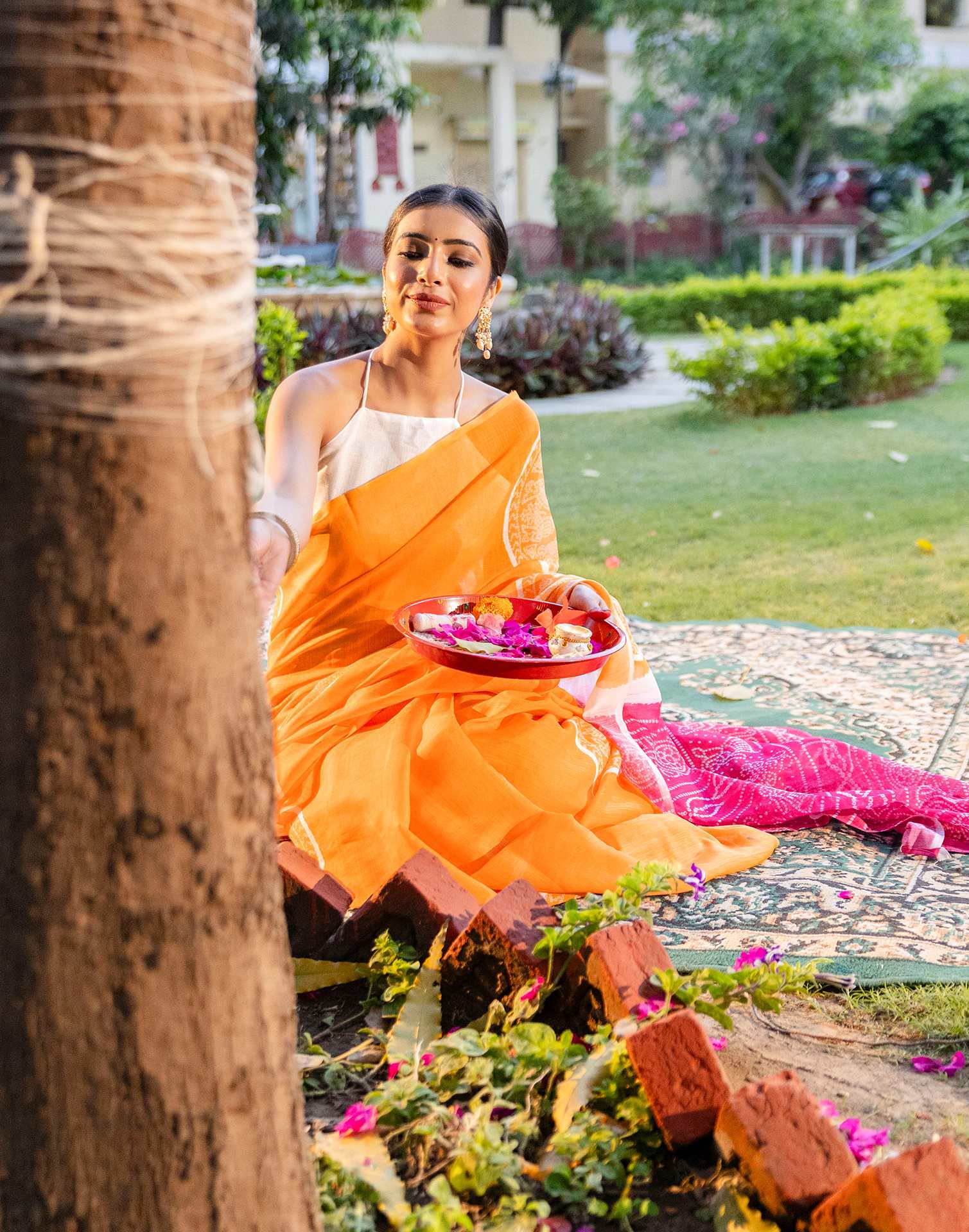 Vat Savitri Special Light Orange Linen Bandhani Printed Saree