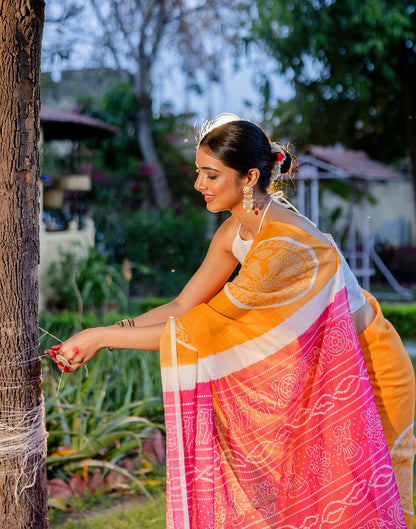 Vat Savitri Special Light Orange Linen Bandhani Printed Saree
