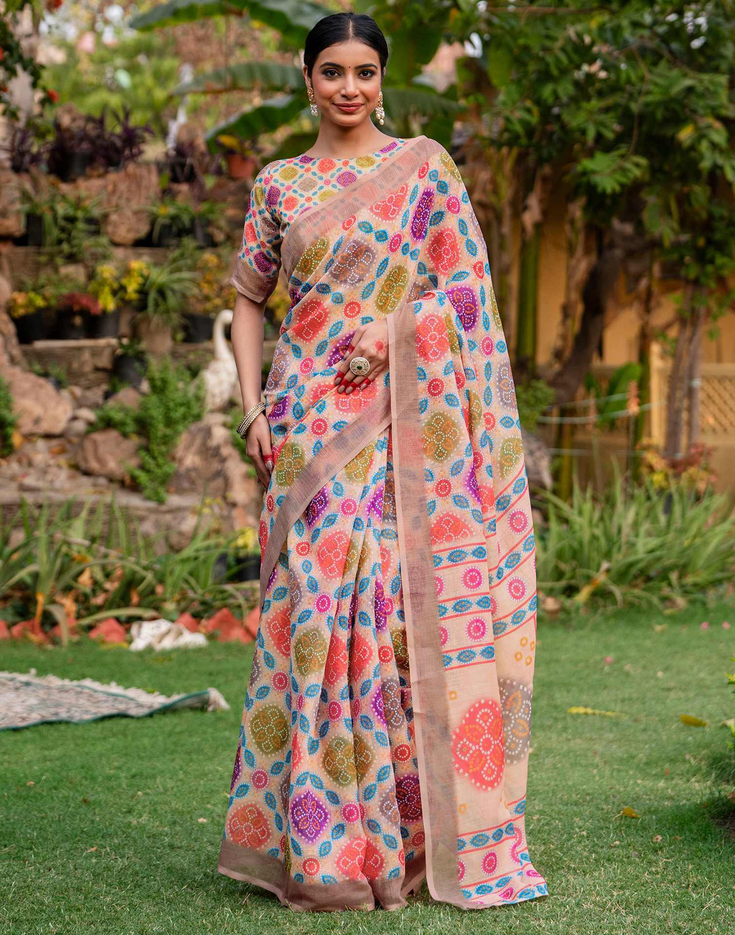 Vat Savitri Special Peach Linen Bandhani Printed Saree