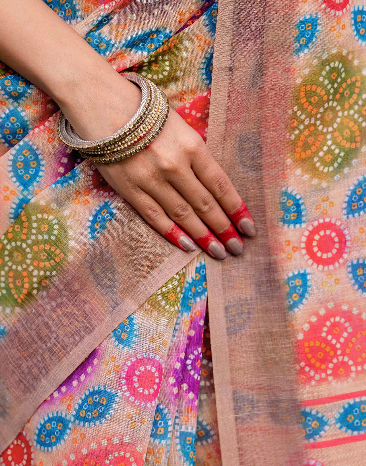 Vat Savitri Special Peach Linen Bandhani Printed Saree