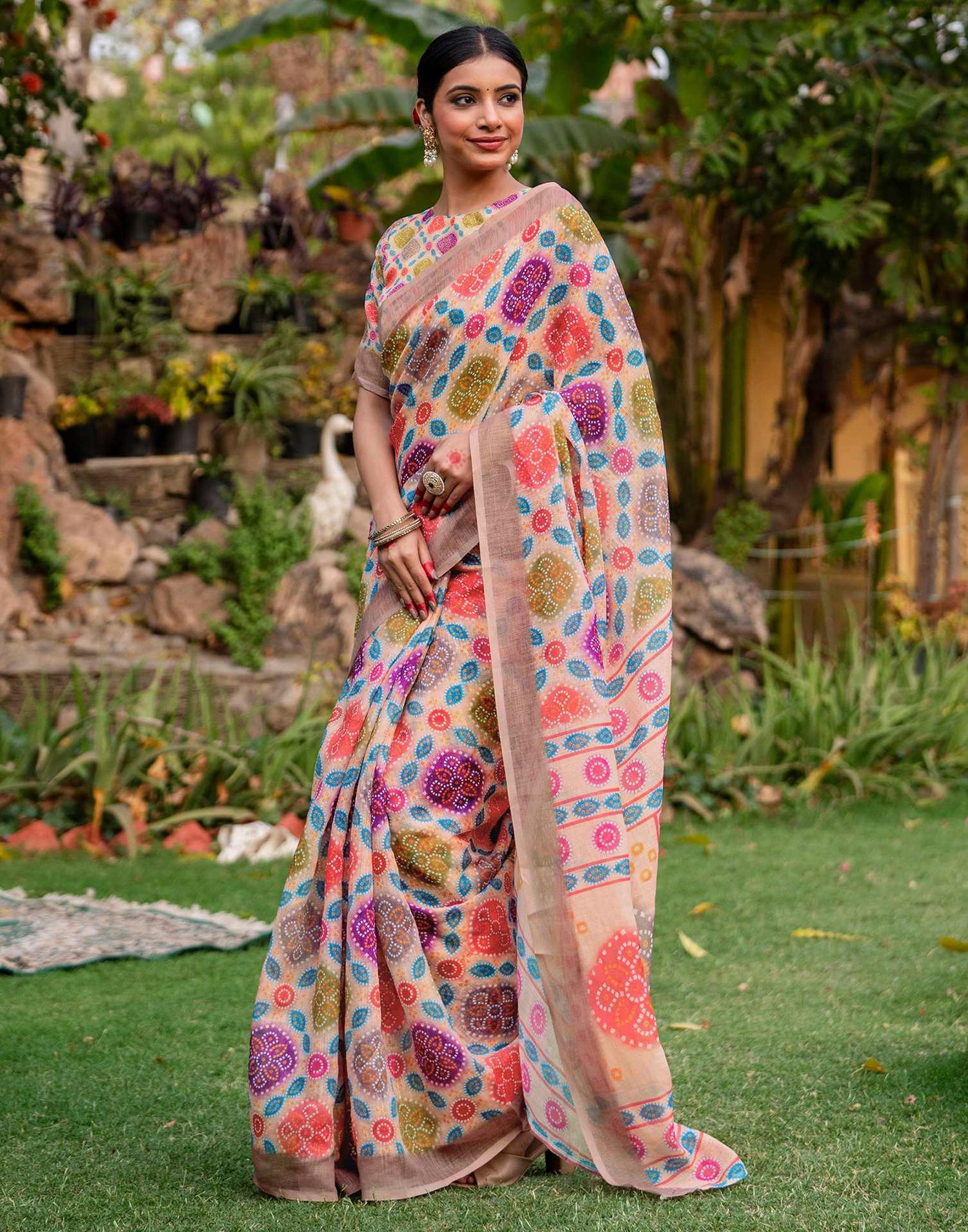 Vat Savitri Special Peach Linen Bandhani Printed Saree