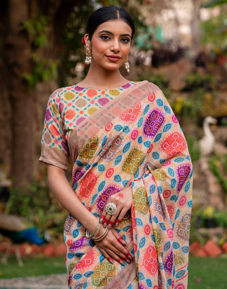 Vat Savitri Special Peach Linen Bandhani Printed Saree